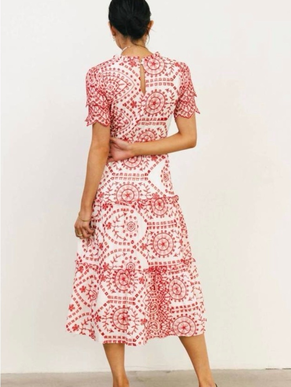 NWT Hayden LA Boho Embroidered Eyelet Lace Midi Red White Scallop Sleeve 1XL - Picture 2 of 11